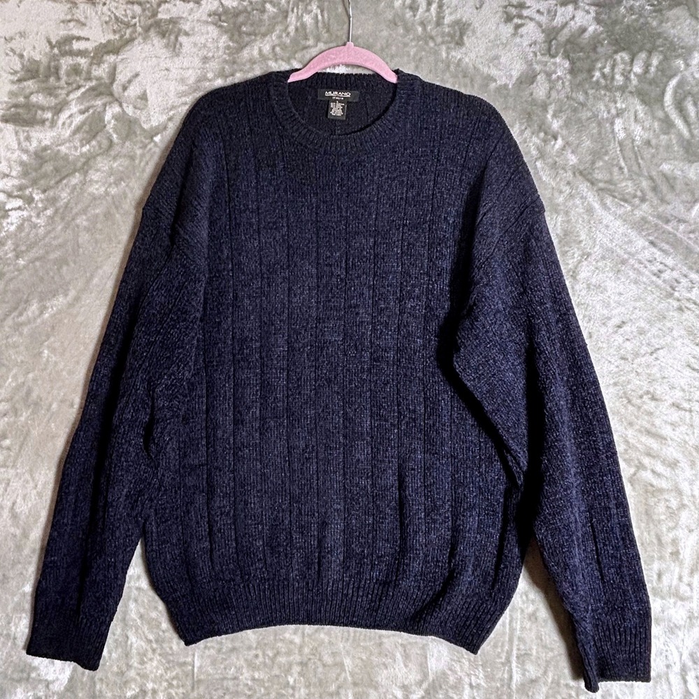 Murano Italia Mens Large Navy Blue Ribbed Wool Blend Crewneck Sweater Bulgaria